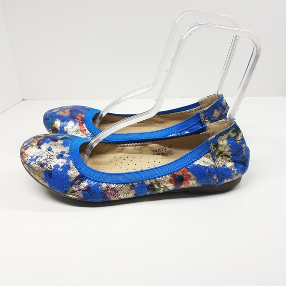 Floral Goldtone Goldfoil Blue Flats - Picture 4 of 11